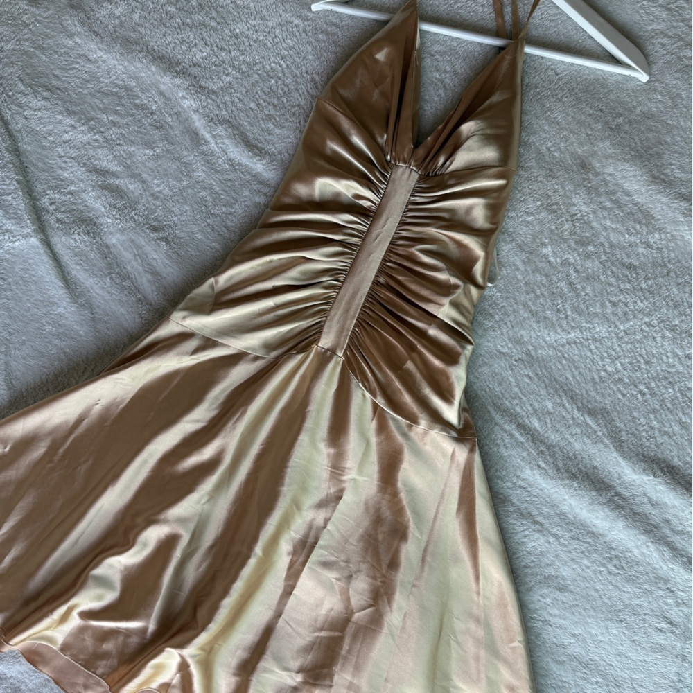 Jessica McClintock Womens Vintage Halter Dress Size 6 Gold Y2K Ruched Drop Waist